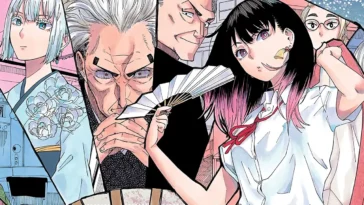 Akane-banashi mangasının baş karakteri Akane Osaki ve rakugo ustalarıyla birlikte çizilmiş tanıtım görseli.