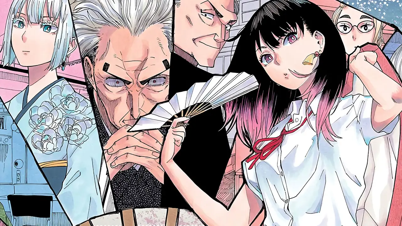 Akane-banashi mangasının baş karakteri Akane Osaki ve rakugo ustalarıyla birlikte çizilmiş tanıtım görseli.