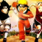 Naruto, Sasuke ve Sakura'nın birlikte koştuğu sahne – Naruto anime karakter görseli