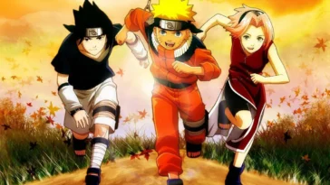 Naruto, Sasuke ve Sakura'nın birlikte koştuğu sahne – Naruto anime karakter görseli